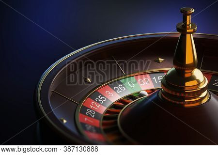 Close Up Of Roulette Wheel With Ball On Zero Over Blue Background. Concept Of Chance And Gambling. 3