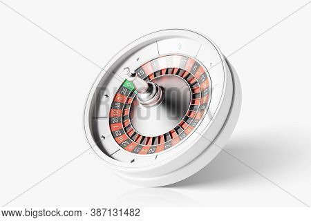 Side View Of Roulette Wheel With Ball On Zero Over White Background. Concept Of Chance And Gambling.