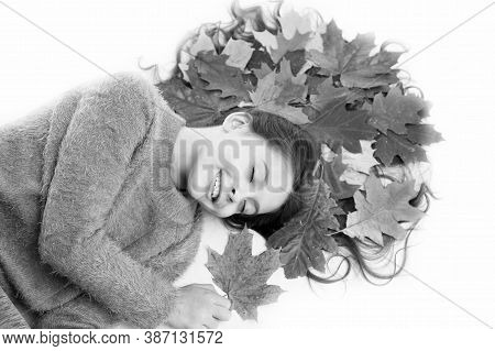 Dry Maple Leaves In Hairstyle. Fall Season Concept. Hair Care In Autumn. Prevent Dry Split Hair Ends