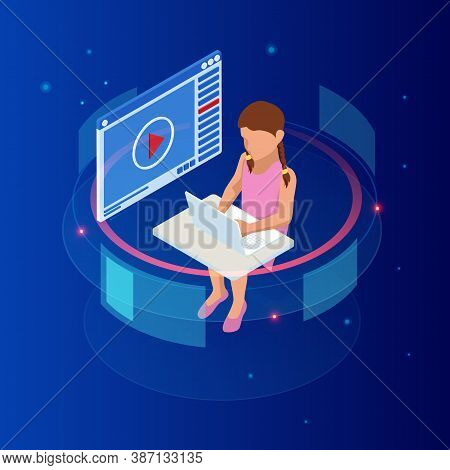 E-learning, Online Education At Home. Isometric Concept For Digital Reading, E-classroom Textbook, M