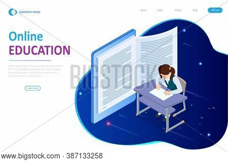 E-learning, Online Education At Home. Isometric Concept For Digital Reading, E-classroom Textbook, M