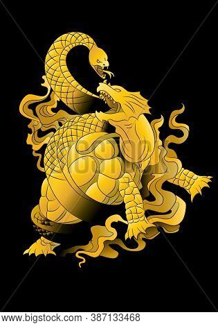 Illustration Of A Golden Turtle Dragon Oriental Mystical Beast Flying Over Black Background