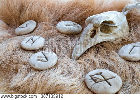 Stone Runes And Bird Skull On A Animal Fur. Futhark Viking Alphabet. Close Up Photo Of Norse Runes.