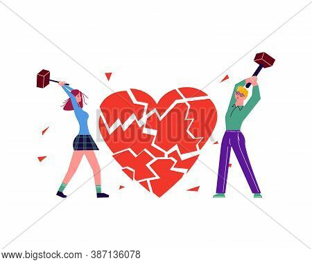 Metaphor Of Betrayal, Unhappy Love And Broken Heart. People Break The Heart Into Splinters By Hammer