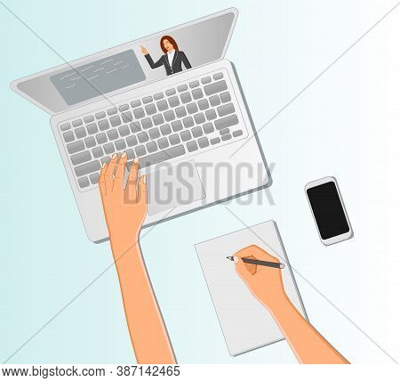 Top View Of Student On Video Conference With Teacher Or Personal Tutor On Laptop And Taking Notes At