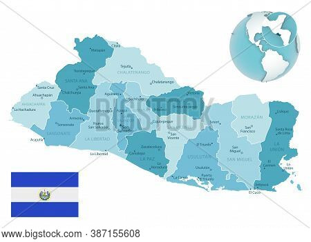 El Salvador Administrative Blue-green Map With Country Flag And Location On A Globe.