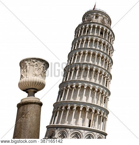 Leaning Tower Of Pisa And The Vase Of The Talent (vaso Del Talento, Italian). Isolated On White Back