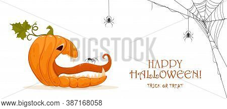 Halloween Banner. Spider On The Tongue Of A Scary Pumpkin. Jack O' Lantern And Spiders Isolated On W