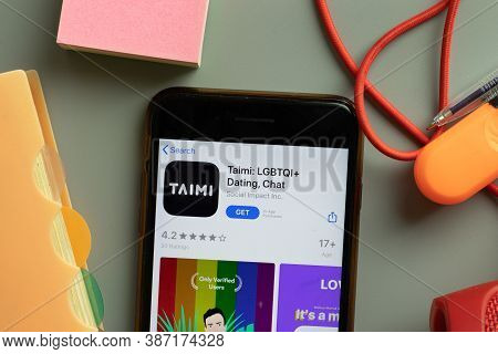 New York, Usa - 28 September 2020: Taimi Lgbtq Dating Mobile App Logo On Phone Screen Close Up, Illu