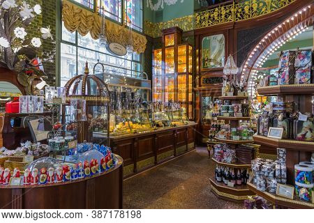 Saint-Petersburg, Russia - July 25, 2020: Interior of Eliseyev Emporium (Elisseeff brothers shop) on Nevsky Prospekt.