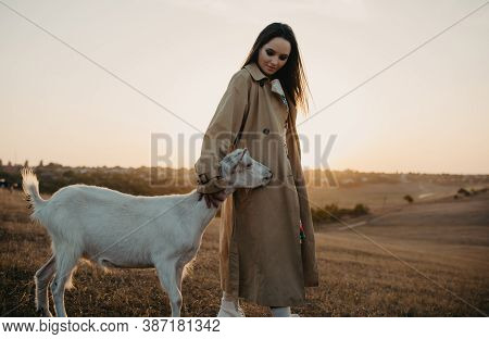Handsome Female Shepherdess Stands In A Pasture Near Goat And Embraces It At Sunset.