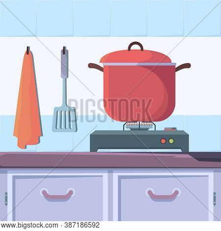 Gas Stove Food. Kitchen Interior With Boiling Food Cooking Cuisine Vector Concept. Kitchen Domestic,