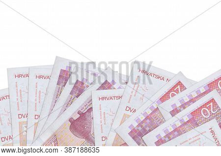 20 Croatian Kuna Bills Lies On Bottom Side Of Screen Isolated On White Background With Copy Space. B
