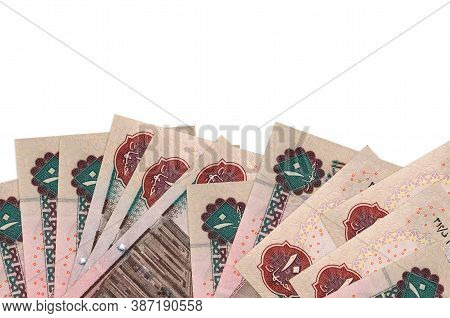 10 Egyptian Pounds Bills Lies On Bottom Side Of Screen Isolated On White Background With Copy Space.