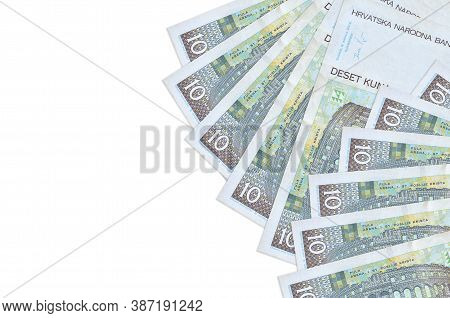 10 Croatian Kuna Bills Lies Isolated On White Background With Copy Space. Rich Life Conceptual Backg