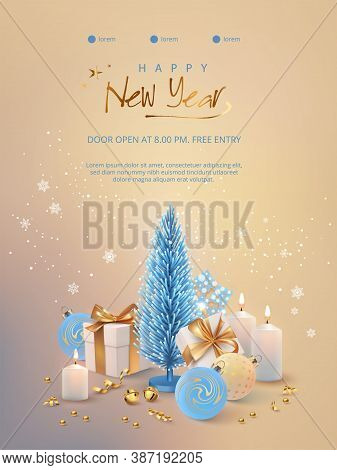 Christmas And New Year Poster. Realistic Composition Of Christmas Balls, Burning Candle, Gifts And C