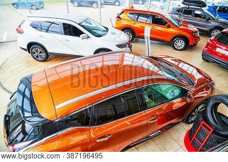 Kirov, Russia - May 07, 2019: Cars In Showroom Of Dealership Nissan In Kirov. Top View