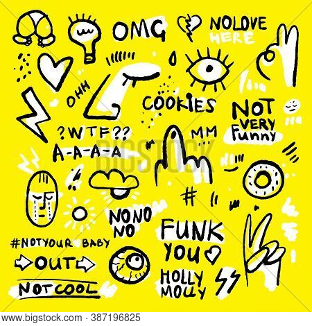 Positive And Funny Doodle Sticker Set In Black, Yellow And White Colors. Hand Drawn Stickers With Do