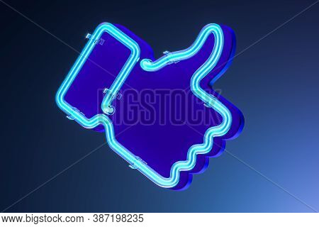 Blue Thumb Up Icon Mad Of Blue Neon Lamps. Like Icon On Blue Gradient Background. 3d Rendering