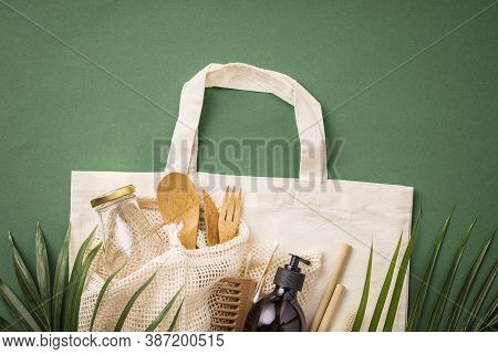 Zero Waste Concept. Cotton Bag, Bamboo Cultery, Glass Jar, Bamboo Toothbrushes, Hairbrush And Straws