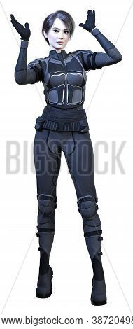 3D Rendering Female Sceince Fiction Warrior On White