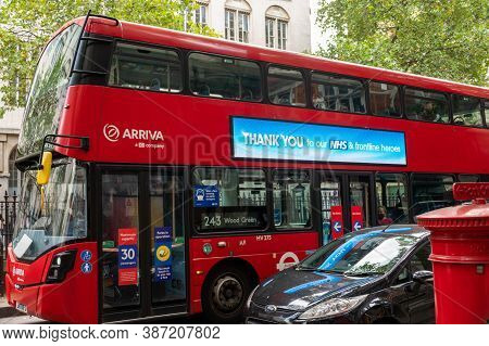 London - September 12, 2020: Red London Double Decker Bus With Thank You To Nhs Sign On The Side