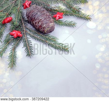 Natural Pine Cone, Fir Branches And Stras, Background With Copy Space And Bokeh