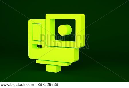 Yellow Action Extreme Camera Icon Isolated On Green Background. Video Camera Equipment For Filming E