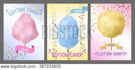 Cotton Candy. Colorful Sugar Floss On Stick, Blue, Pink And Yellow Sweet Fluffy Cones Lollipops, Car