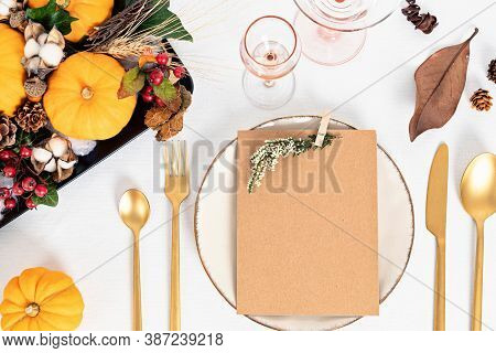 Template Of Thanksgivinig Table Decoration With Mock Up Of Menu. Festive Autumn, Fall Dinner With Ce