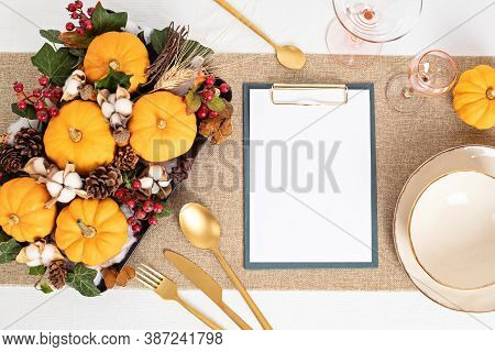 Template Of Thanksgivinig Table Decoration With Mock Up Of Menu. Festive Autumn, Fall Dinner With Ce