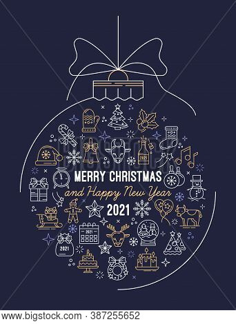 2021 New Year And Christmas. Holiday Postcard Or Banner With A Christmas Toy Ball And A Bow With An 