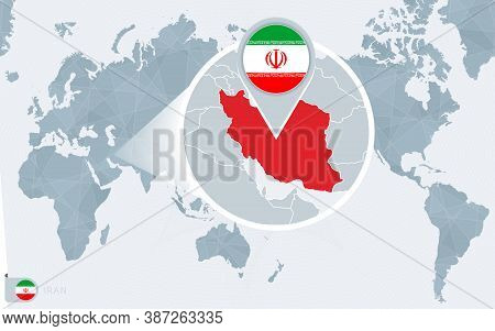 Pacific Centered World Map With Magnified Iran. Flag And Map Of Iran On Asia In Center World Map.