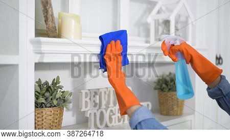 A Woman With Cleaning Gloves Using Alcohol Spray Sanitiser To Cleaning House, Healthy And Medical, C