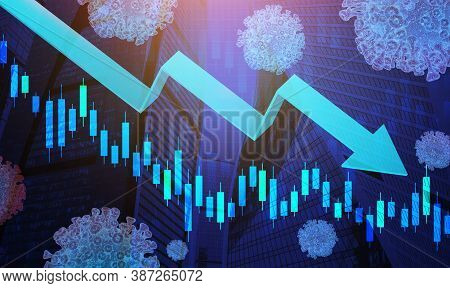 Global Economy And Coronacrisis. Decreasing Arrow And Economic Data Graph On Blue Cityscape Backgrou