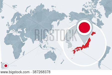 Pacific Centered World Map With Magnified Japan. Flag And Map Of Japan On Asia In Center World Map.