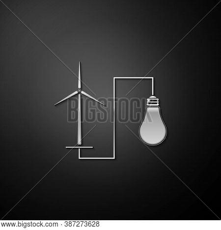 Silver Wind Mill Turbine Generating Power Energy And Bulb Icon Isolated On Black Background. Natural