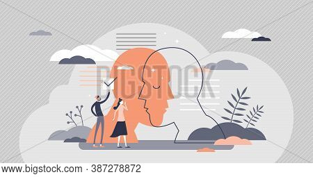 Psychology Study About Human Mental Emotion And Feelings Tiny Person Concept. Abstract Head, Mind An
