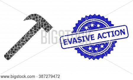 Vector Collage Hammer Tool, And Evasive Action Unclean Rosette Stamp Seal. Blue Stamp Contains Evasi
