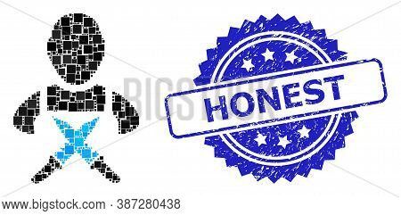 Vector Mosaic Butchery Worker, And Honest Textured Rosette Seal Imitation. Blue Seal Has Honest Tag 