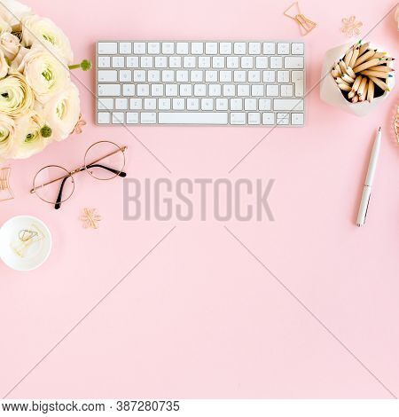 Stylized, Pink Womens Home Office Desk. Workspace With Computer, Bouquet Ranunculus And Roses, Clipb