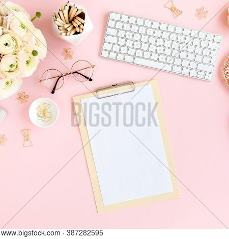 Stylized, Pink Womens Home Office Desk. Workspace With Computer, Bouquet Ranunculus And Roses, Clipb