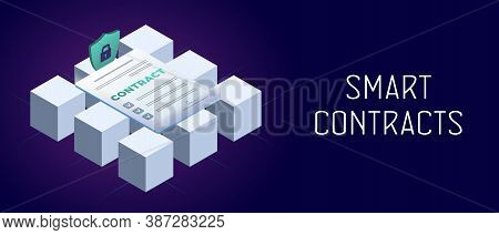 Smart Contract Horizontal Vector Concept. Cryptocurrency Blockchain Business Technology For Fast And