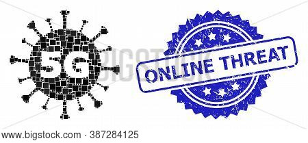 Vector Collage 5g Virus, And Online Threat Corroded Rosette Stamp Seal. Blue Stamp Seal Includes Onl