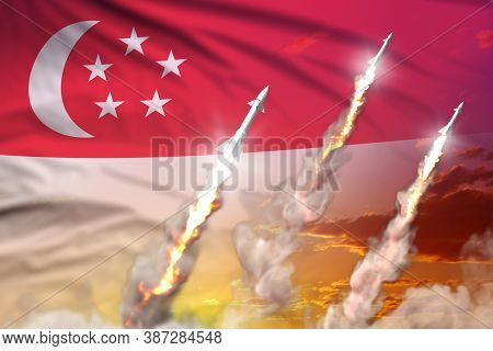 Singapore Ballistic Missile Launch - Modern Strategic Nuclear Rocket Weapons Concept On Sunset Backg