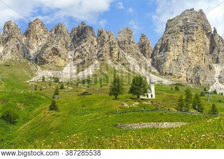 Mountain Landscape At Summer Along The Road To Gardena Pass, Dolomites, Bolzano Province, Trentino A