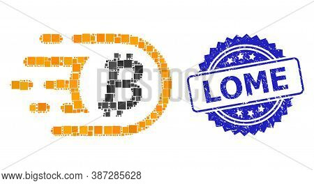 Vector Collage Bitcoin, And Lome Scratched Rosette Seal Imitation. Blue Seal Contains Lome Text Insi