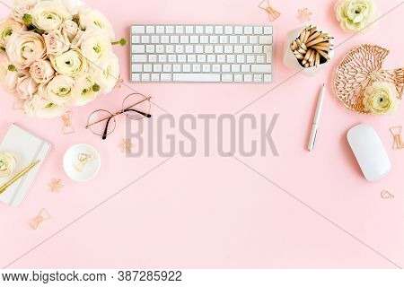 Stylized, Pink Womens Home Office Desk. Workspace With Computer, Bouquet Ranunculus And Roses, Clipb