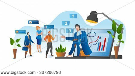 Online Conference, Business Video Meeting, Task Vector Illustration. Businessman On Computer Screen 