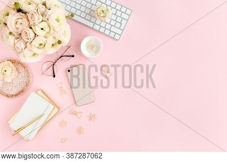 Stylized, Pink Womens Home Office Desk. Workspace With Computer, Bouquet Ranunculus And Roses, Phone